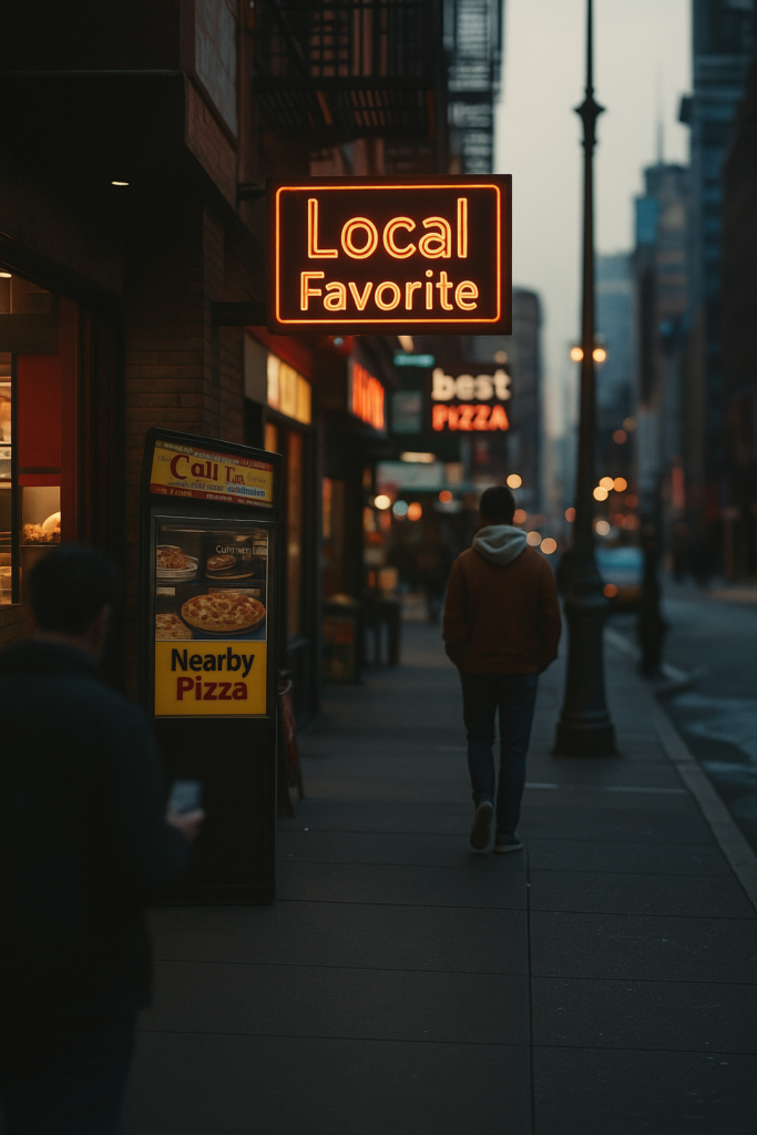 Local SEO blog photo of local favorite neon light with a sign outside that says nearby pizza